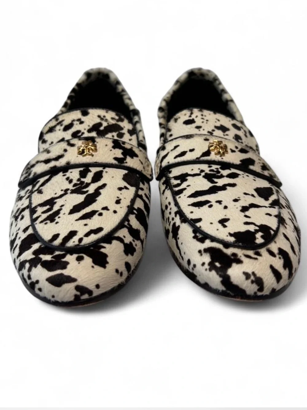Tory Burch Ballet Loafers in Cow Print, dyed calf hair, smooth leather piping.